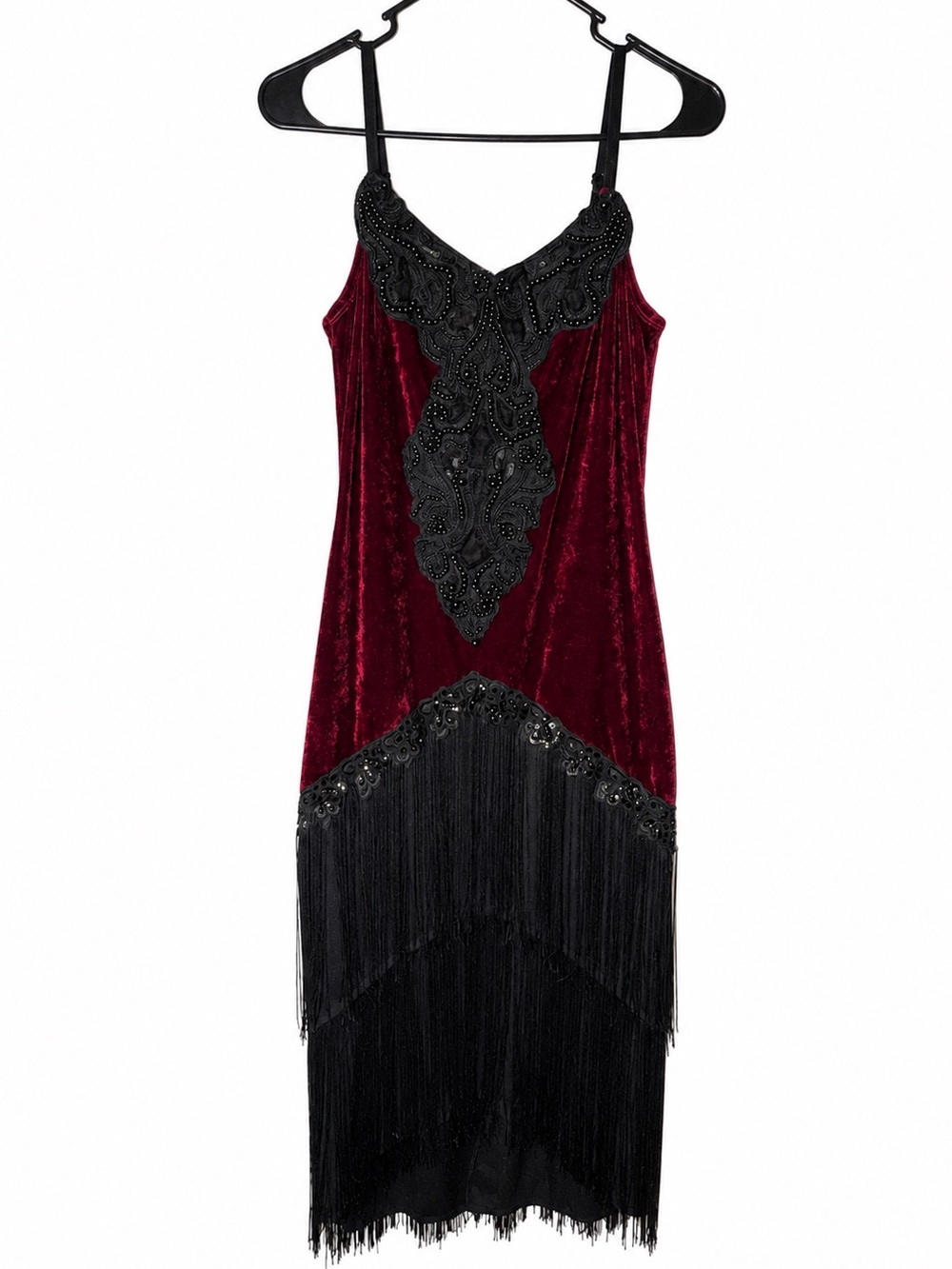 Dreamgirl Red Velvet Black Beaded Fringe Flapper Gatsby Midi Dress Size Large